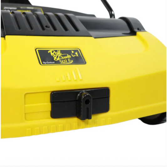 Garland 502E electric lawn sweeper side view showing 40L collection bag and handle