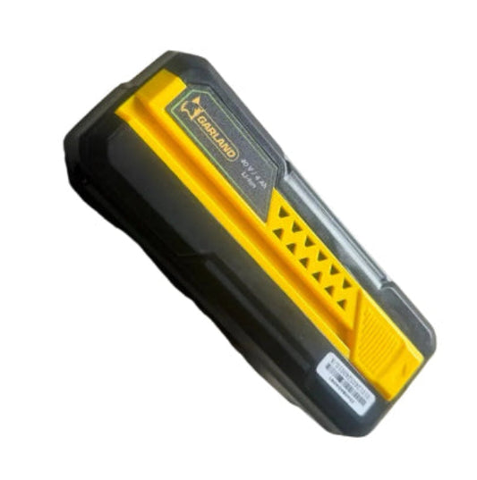 Garland 40V 4Ah battery pack side view showing charge indicator and contacts