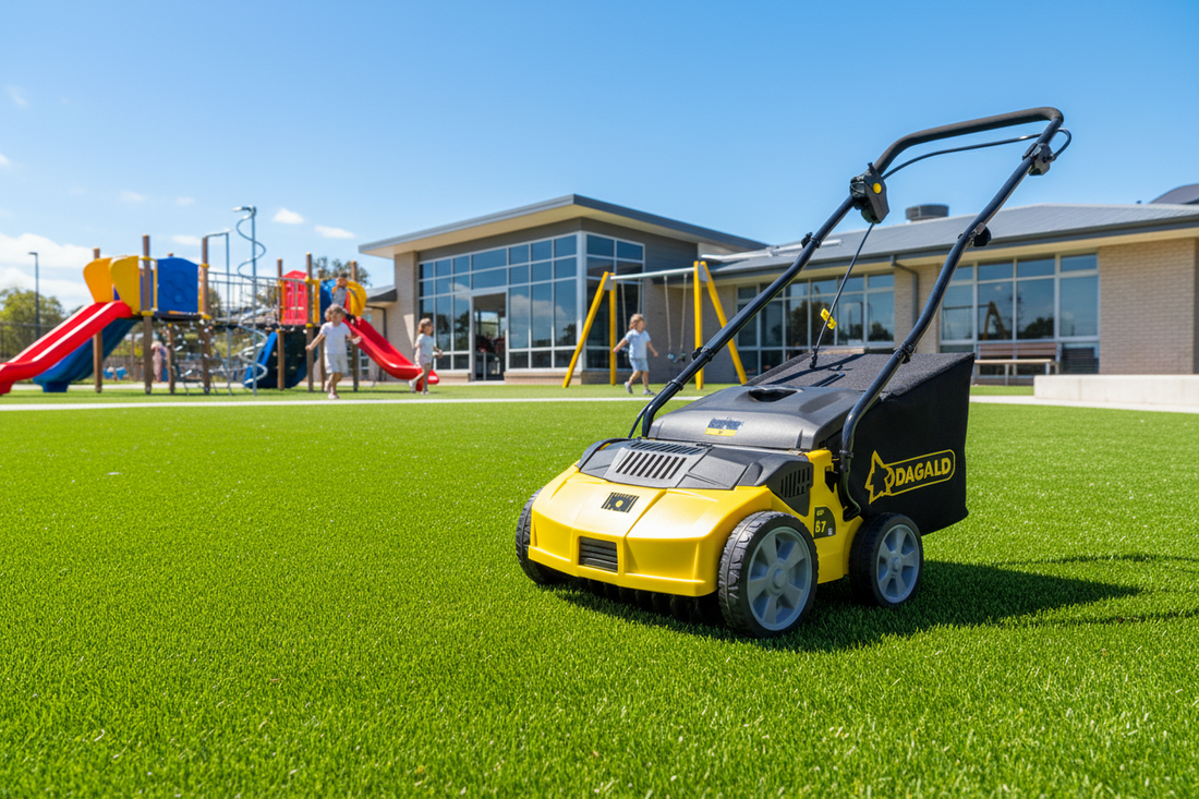Australian school playground with Garland artificial lawn sweeper maintaining pristine synthetic turf for safe children's play areas