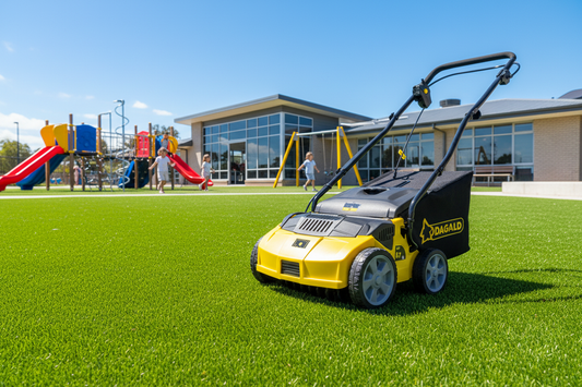 Australian school playground with Garland artificial lawn sweeper maintaining pristine synthetic turf for safe children's play areas